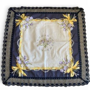 Lancel Lace Trim Handkerchief Large 22” Floral Navy Japan Scarf Style Vintage